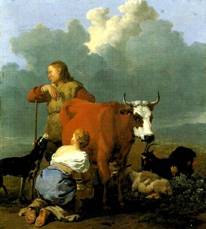Karel Dujardin bondflicka mjolkande en ko